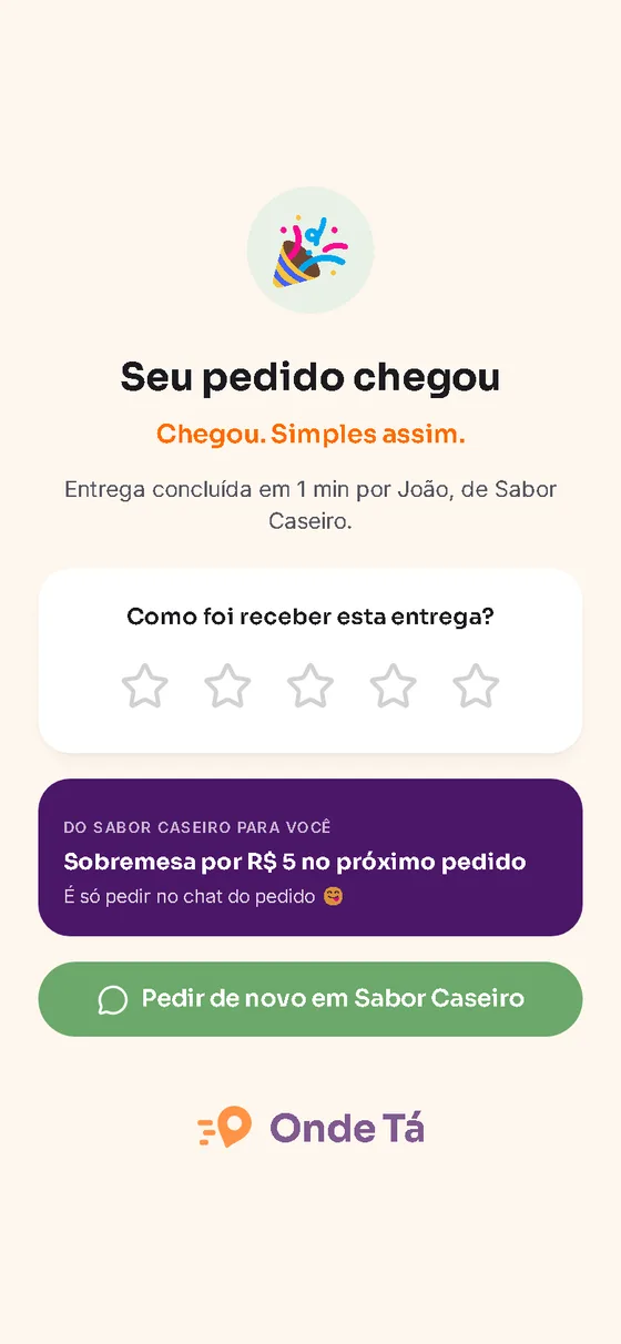 Tela do cliente com o pedido entregue, avaliação e oferta para pedir de novo