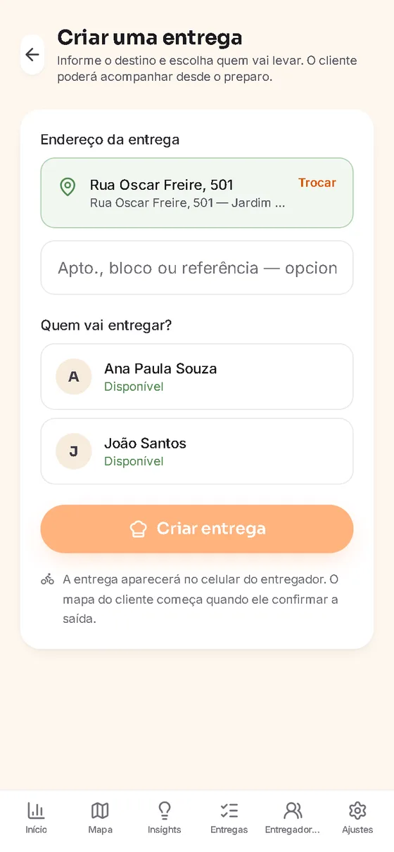 Tela do gestor criando uma entrega e escolhendo o endereço